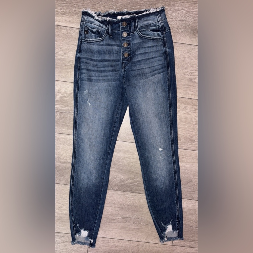 Kancan Size 5/26 Button Up High Rise Distressed Jeans Raw Hem Top